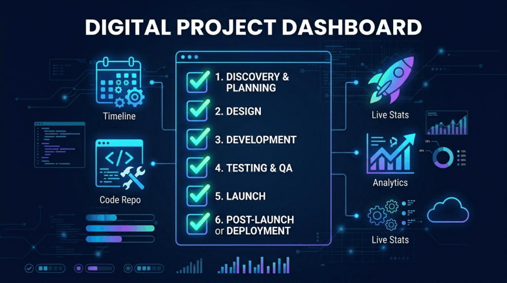 Flat design illustration of a website launch checklist with planning, design, and development milestones on a digital dashboard