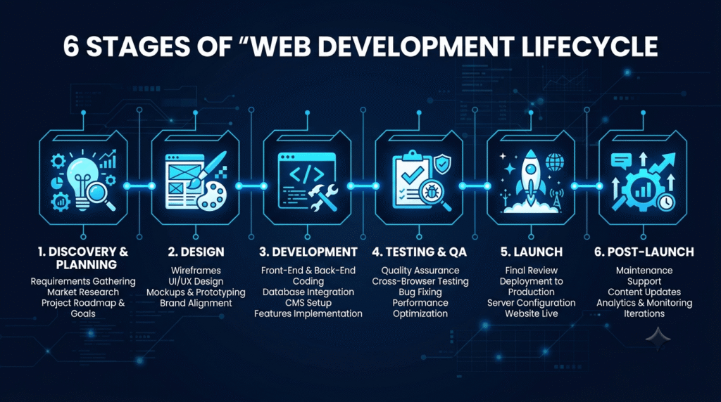 Visual roadmap of web development timeline phases from planning to post-launch in 2026