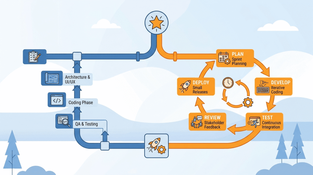 Illustration comparing Agile and Waterfall methodologies for MVP development