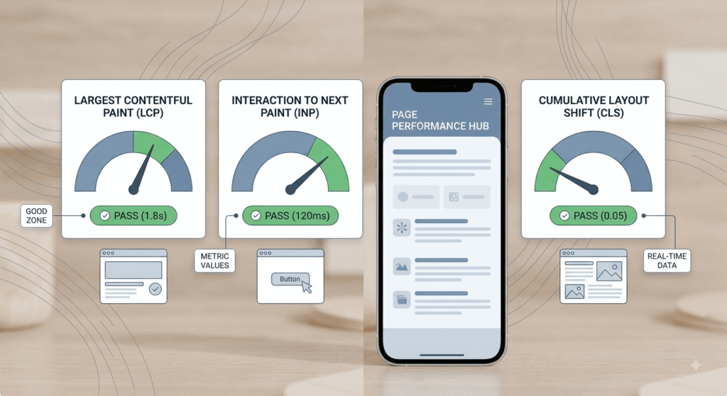 Core Web Vitals dashboard showing loading, interactivity and layout shift scores
