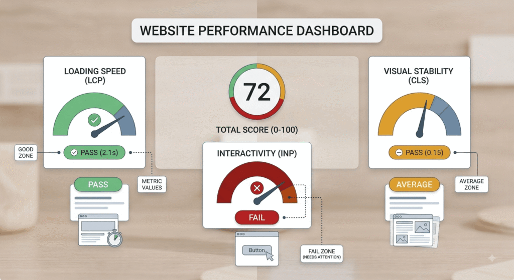 Website performance dashboard showing a failing Core Web Vitals score