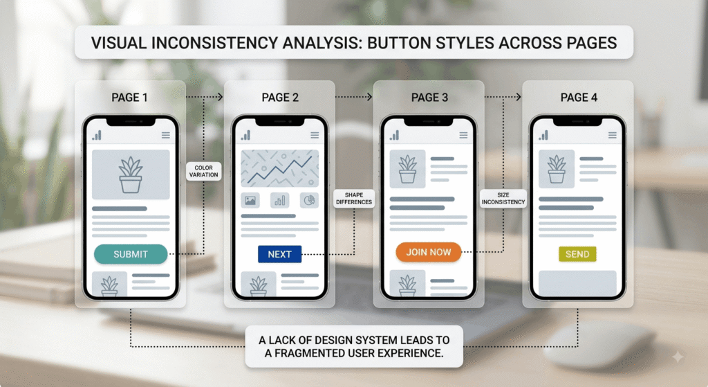 Design debt shown as inconsistent buttons across bad UX sites