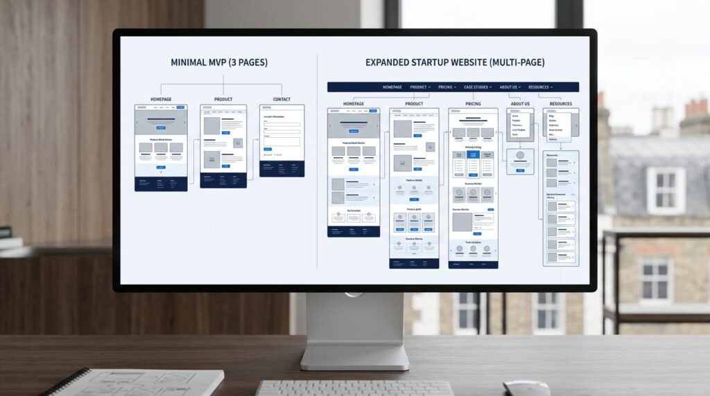 MVP website design compared with a full startup website structure