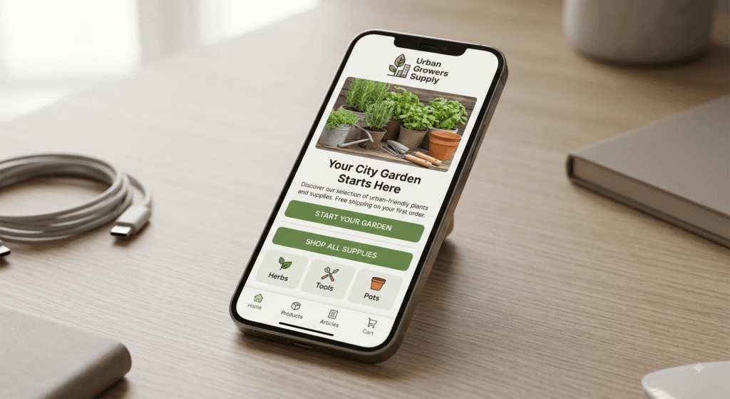 Smartphone displaying a mobile-first website design layout