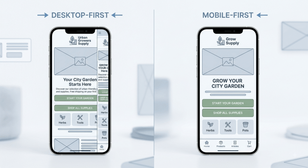 Mobile-first design wireframe compared with a desktop-first page layout
