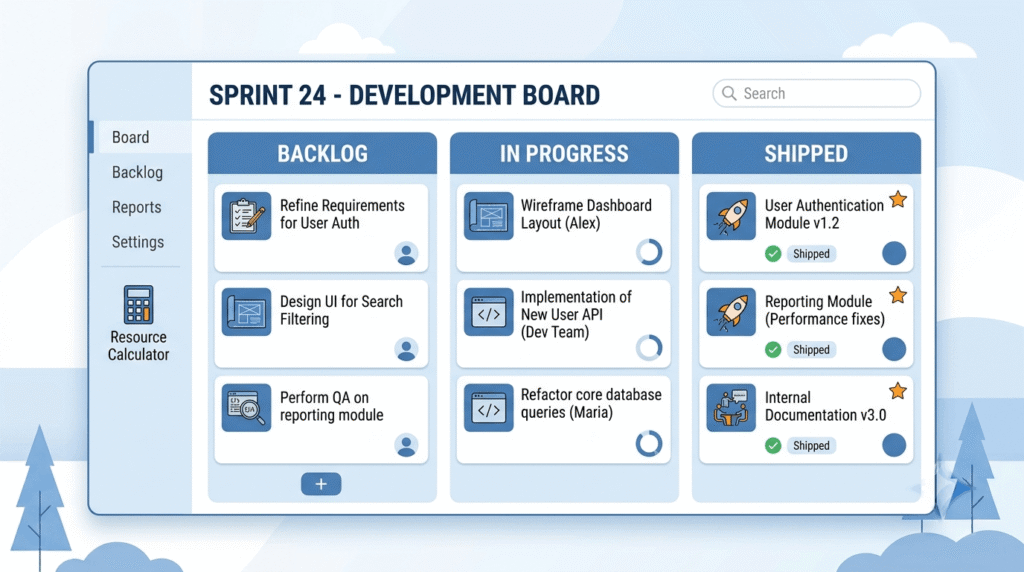 Sprint board used in an MVP build strategy with the Scrum framework