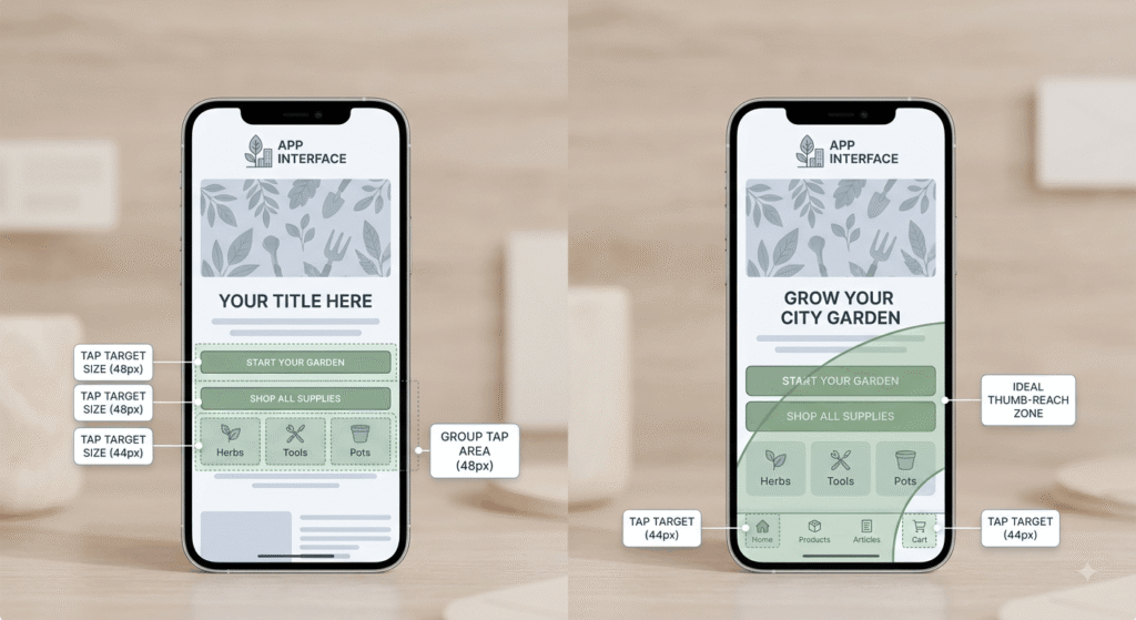 Mobile UX design annotations showing tap target size on a phone screen
