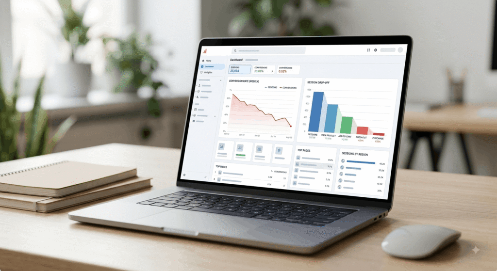 Laptop screen showing a declining website conversion analytics dashboard