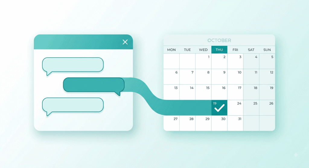 AI chatbot appointment booking conversation confirming a calendar slot