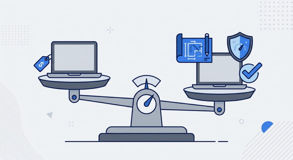 Balance scale comparing a budget web agency option against an established London agency