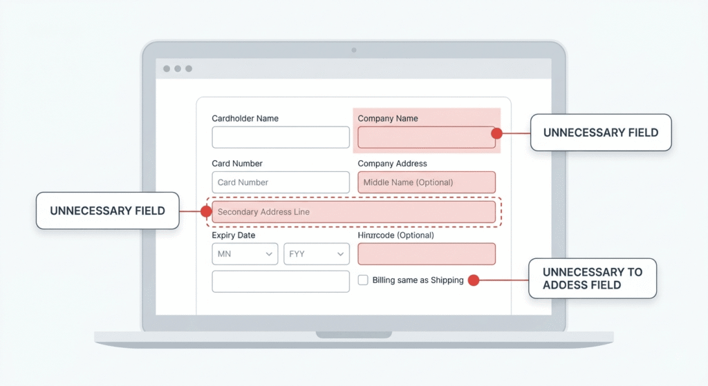 Checkout form UX audit highlighting removable fields to boost conversion rate