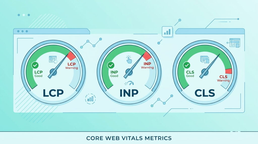 Core Web Vitals metrics LCP INP and CLS shown as performance gauges