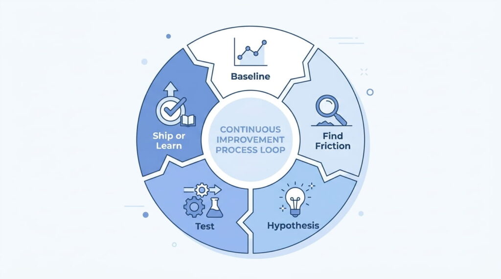 Conversion rate optimisation process loop from research through testing to iteration