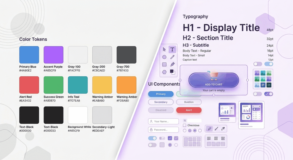 Design system tokens and type scale used in UI design handoff