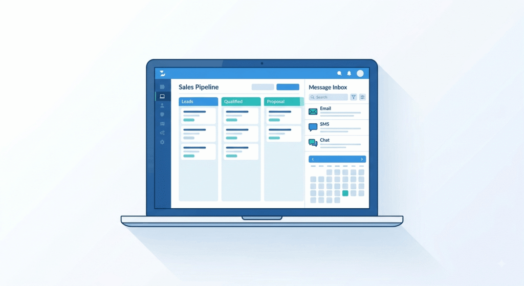 GoHighLevel dashboard interface showing sales pipeline stages and unified inbox