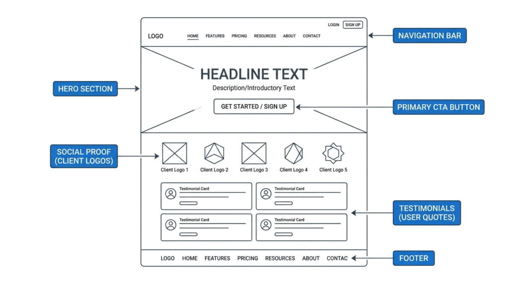 Homepage CTA placement wireframe showing hero, navigation, and social proof
