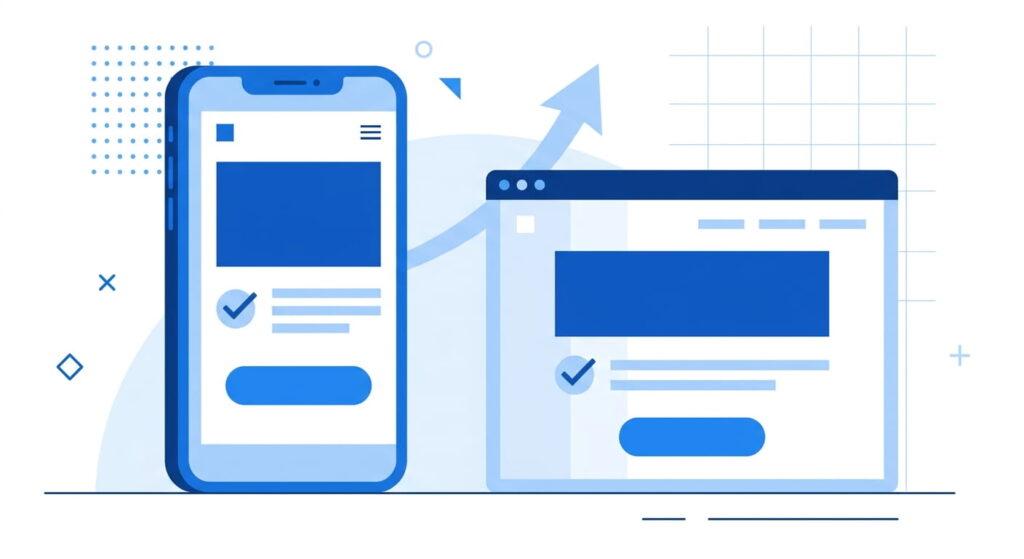 Illustration of a mobile and desktop landing page layout designed for higher conversions