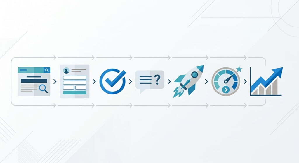 Seven-step landing page structure showing headline, form, proof, and conversion elements