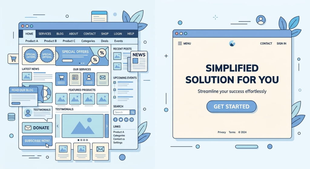Comparison of a cluttered homepage layout versus a single-offer landing page design
