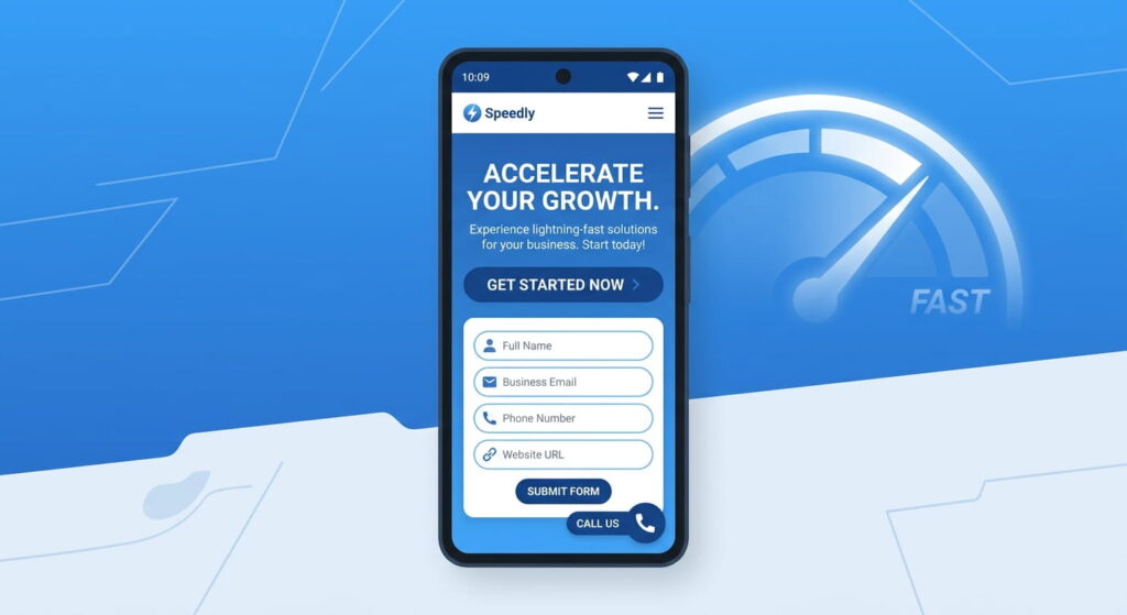 Mobile-first landing page design with sticky call button and fast page speed indicator
