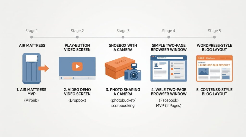 Timeline of five MVP case studies from Airbnb, Dropbox, Zappos, Buffer, and Groupon