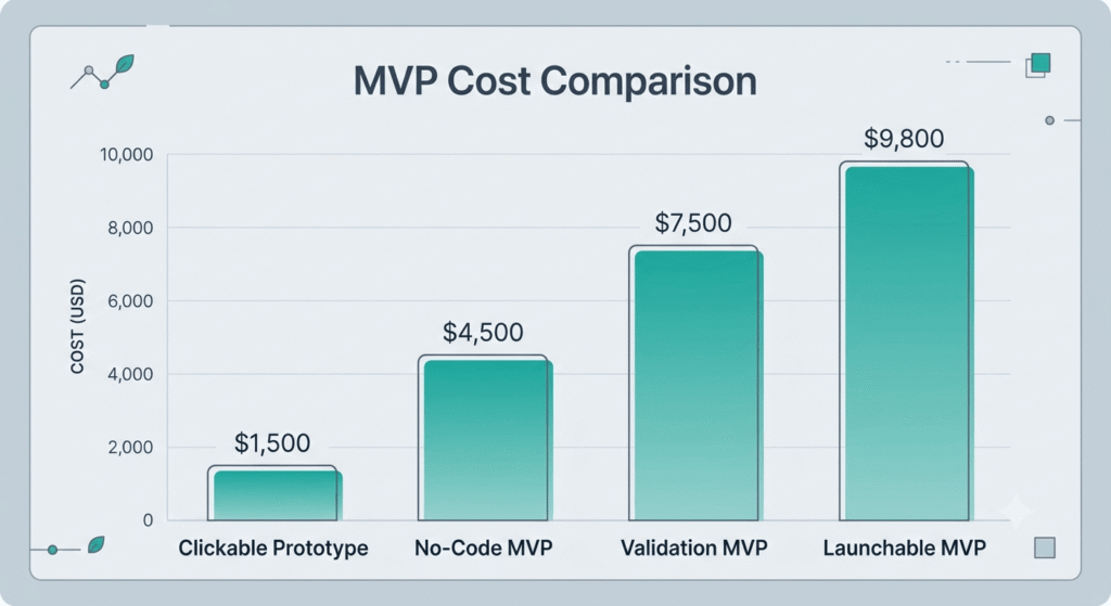 Cost and timeline comparison chart for prototype, no-code, validation, and launchable MVP tiers