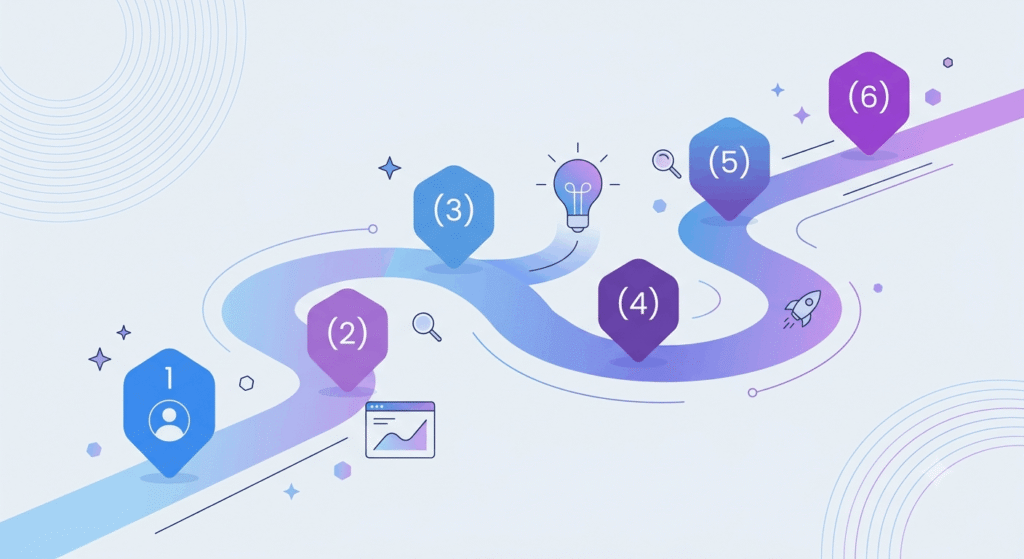 Illustration of the six-step MVP development process from idea to launch