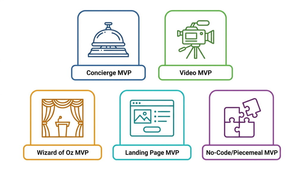 Five minimum viable product types including concierge, demo video, and landing page MVP
