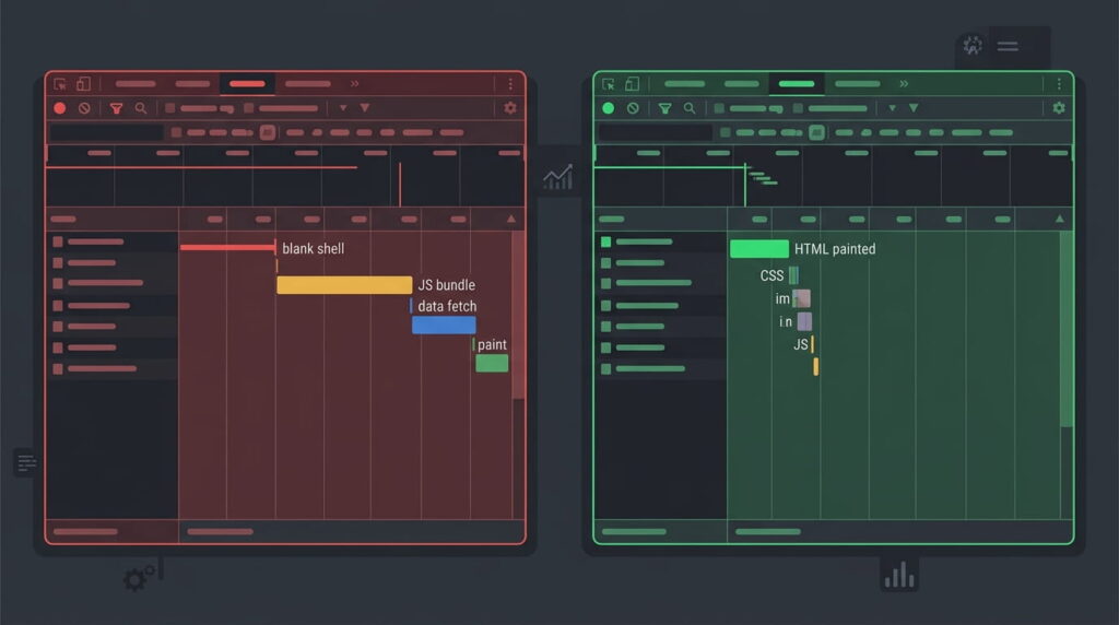 Browser devtools waterfall comparison of React client rendering versus Next.js server-rendered page load