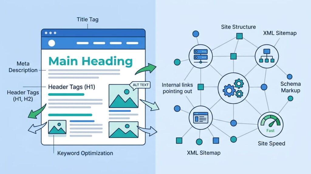 On-page SEO elements labeled on a website page layout
