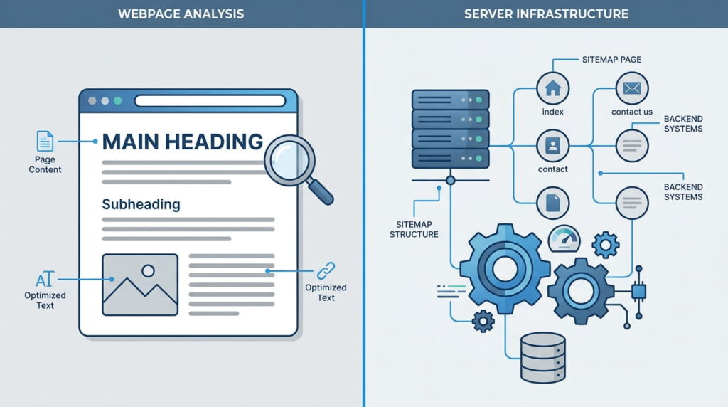 On-page SEO versus technical SEO responsibilities compared side by side
