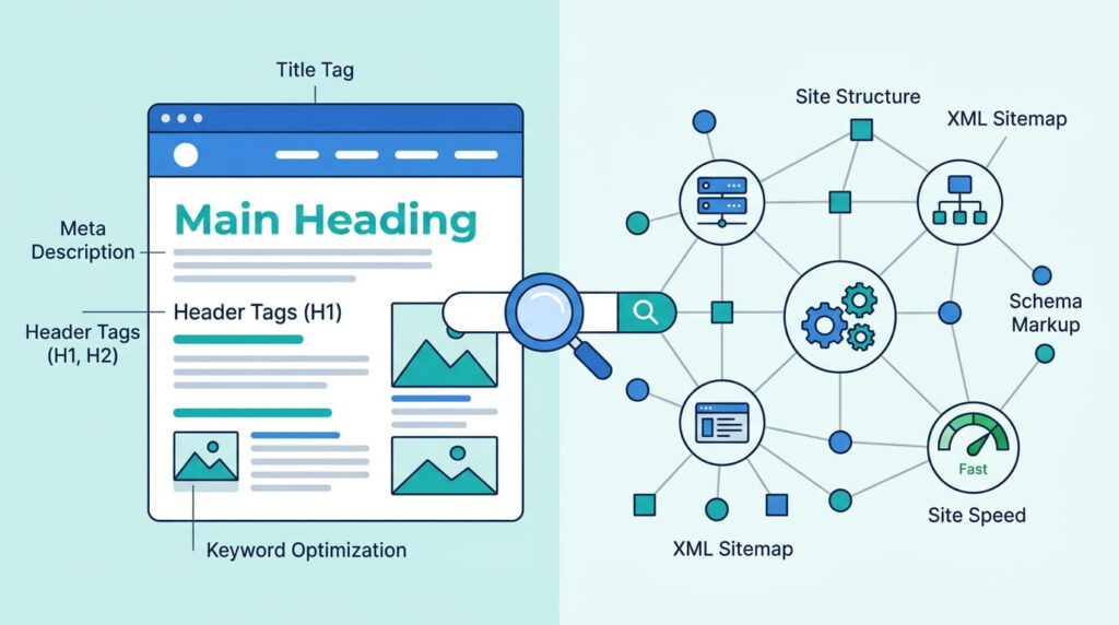 Technical SEO and on-page SEO shown side by side as connected website layers