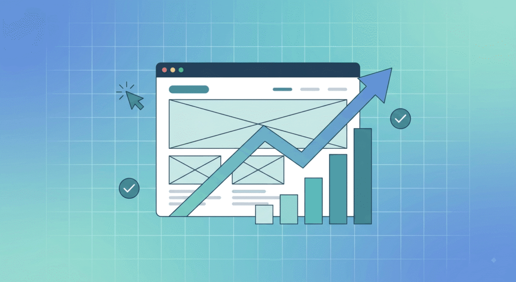 UX design conversion rate optimization illustration with growth chart and website wireframe