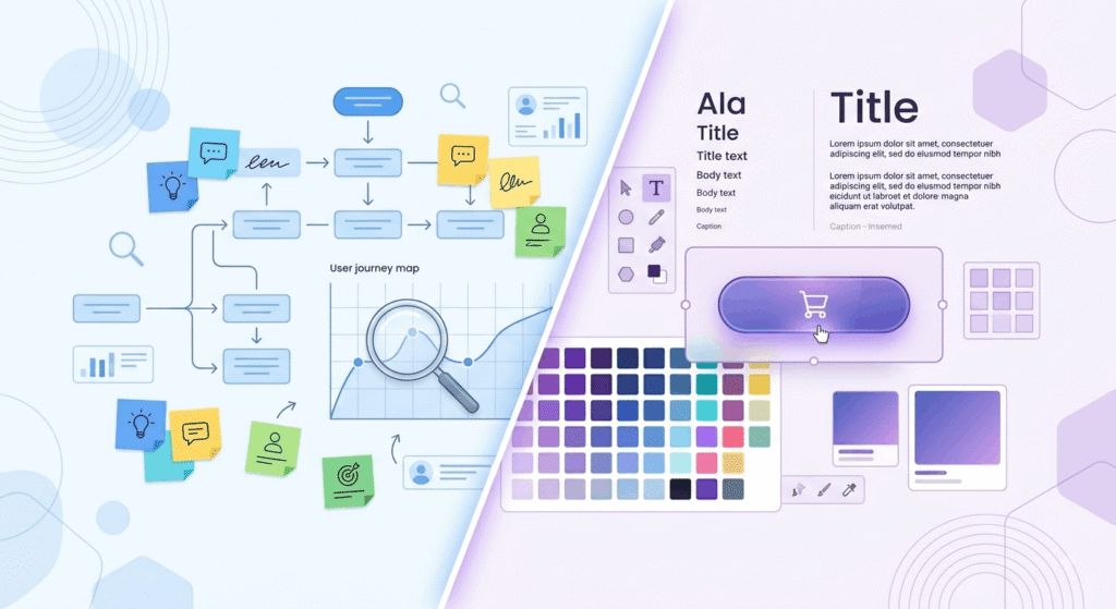 UX vs UI design comparison showing research process and visual design elements