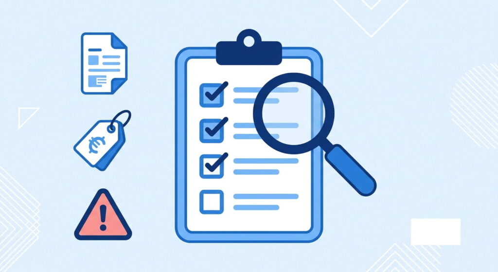 Checklist and warning icons representing red flags to watch for when hiring a web agency