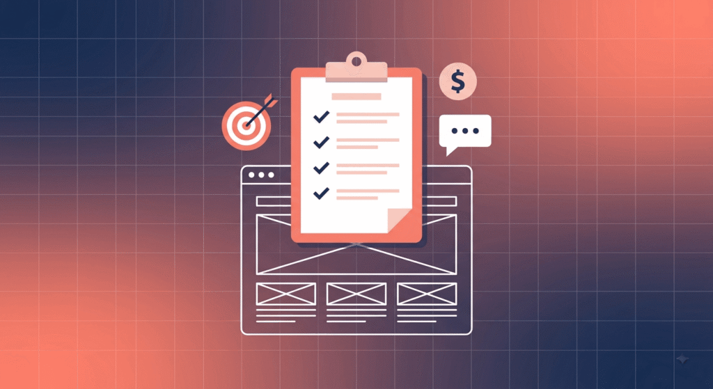 Web design brief checklist illustration with document and website wireframe icons