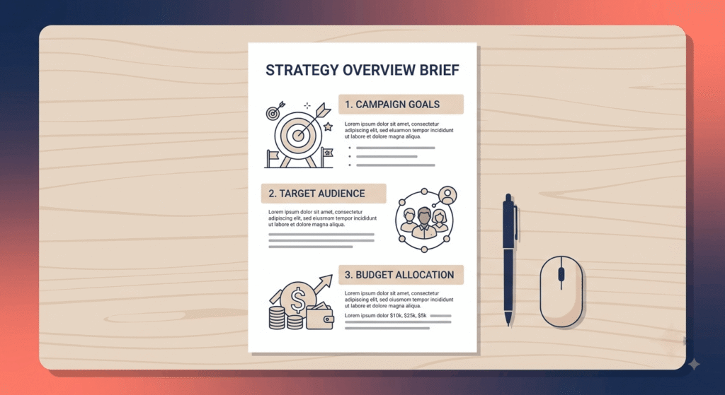 Web design brief template showing website goals scope and budget sections
