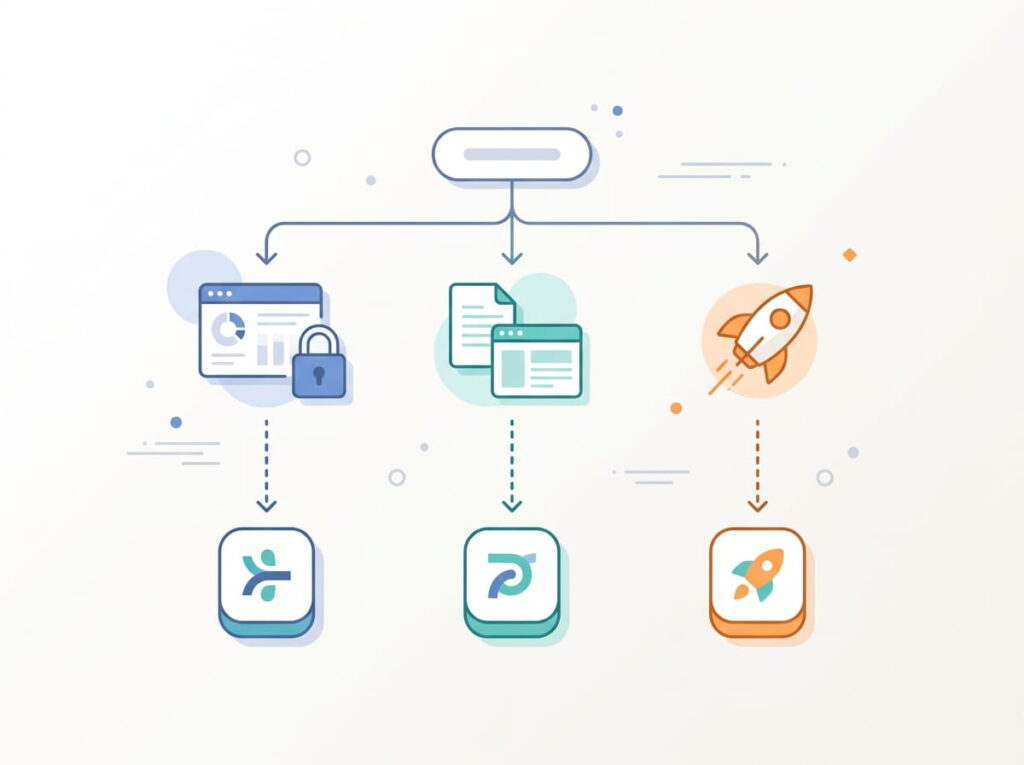 Flowchart illustrating how site type routes a decision between React, Next.js, or Astro