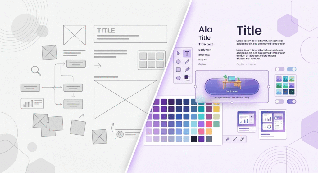 Wireframe next to finished UI design showing typography and color choices